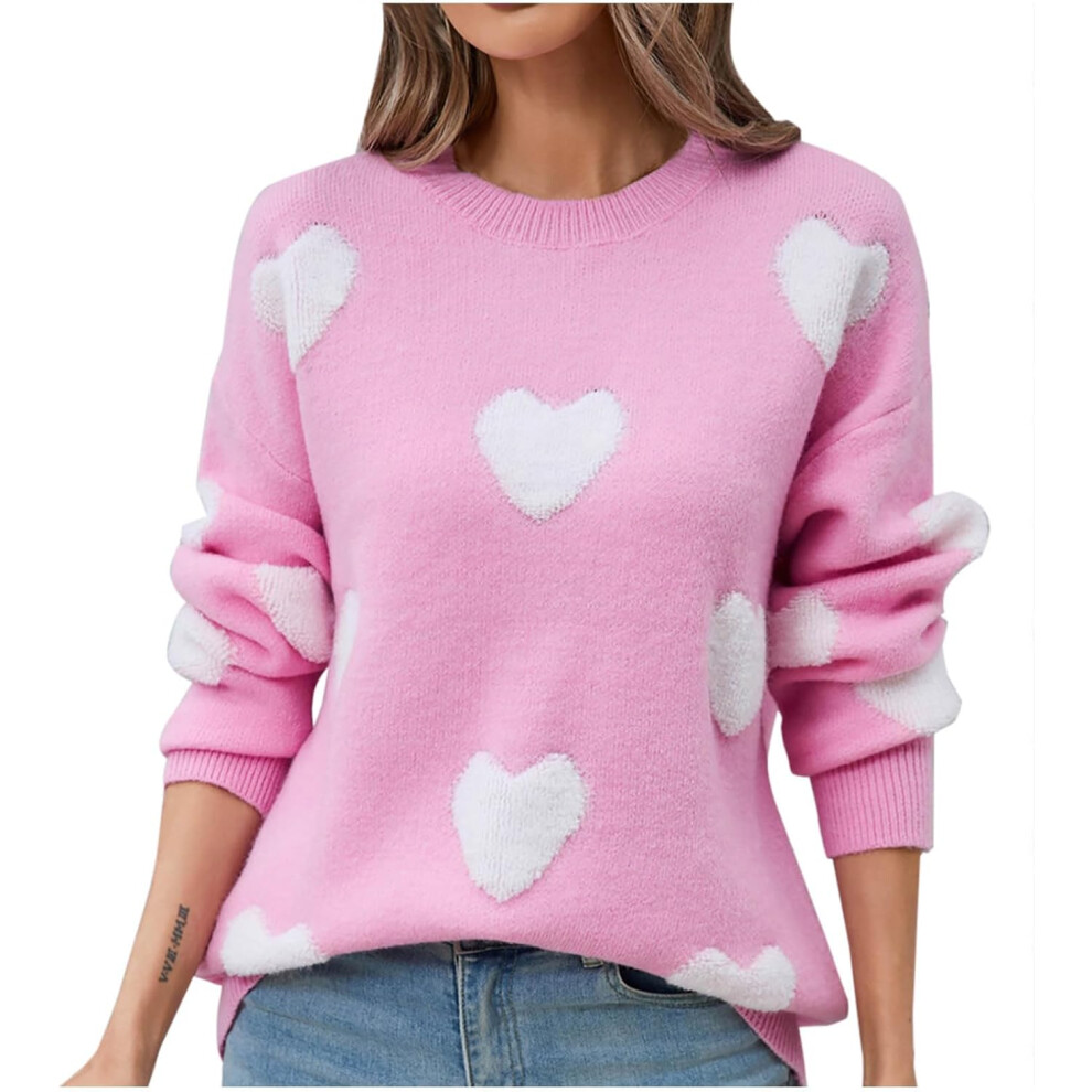 New Women's (12, 003* ) Jumpers For Uk Clearance Sweaters Cute Heart Printed Casual Long Sleeve Shirts Tops Loose Crewneck Knit Cozy Pull Pink