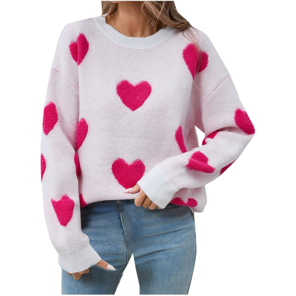 New Women's (14, 003* Hot ) Jumpers For Uk Clearance Sweaters Cute Heart Printed Casual Long Sleeve Shirts Tops Loose Crewneck Knit Cozy Pink