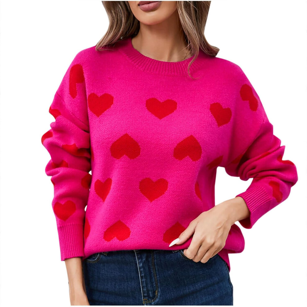 New Women's (8, 008* Hot ) Jumpers For Uk Clearance Sweaters Cute Heart Printed Casual Long Sleeve Shirts Tops Loose Crewneck Knit Cozy P Pink
