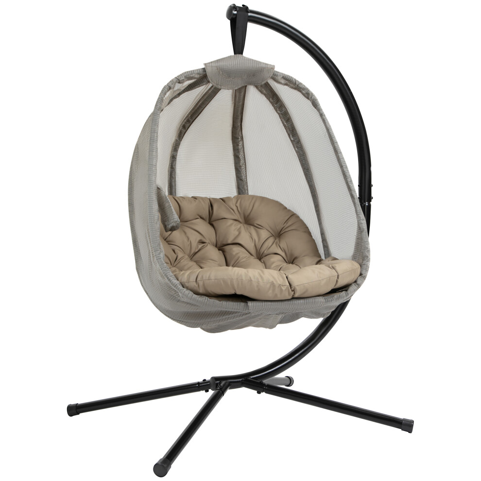 Egg Chair Hanging Swing with Stand Folding Texteline Hammock Cushion & Side Pocket for Indoor Outdoor Garden Khaki-image-OPC-PKD2FHC-NEW