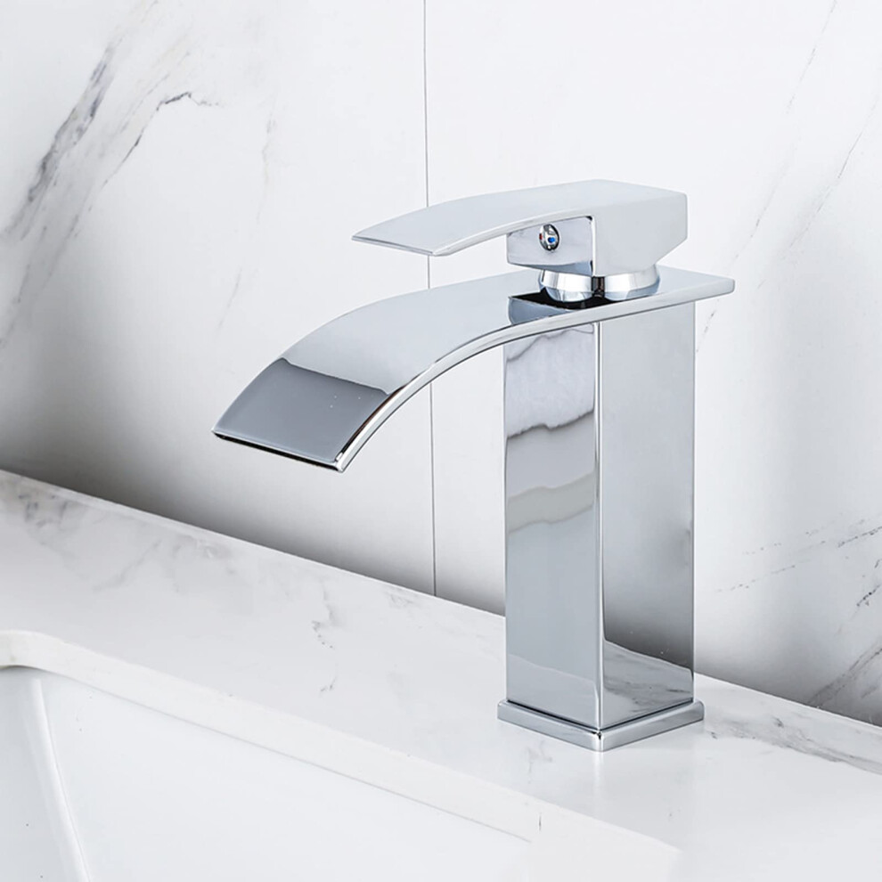 Bathroom Sink Taps Hot And Cold Waterfall Monobloc Basin Tap, Silver Finish, Modern Design, Easy Installation 6038364197405