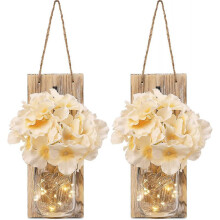 Rustic Brown Mason Jar Sconces - Wall Decor Decorative Chic Hanging House Decor 6Hours Timer with LED Strip Lights 6 Hour Timer, Silk Hydrangea, & Iro