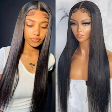 Straight Lace Front Human Hair Wig 24 Inch - 4x4 HD Lace Closure, Pre-Plucked, Natural Black Color, 180% Density
