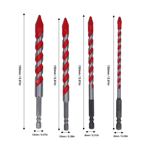 4Pcs Eccentric Twist Drill Bits Set 150mm 6.35mm Hex for Concrete & Masonry 1