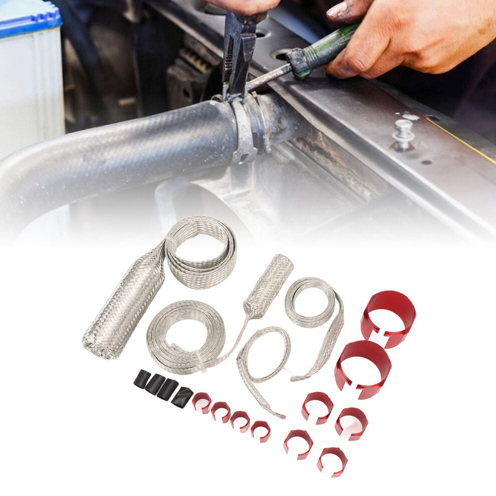 Stainless Steel Vehicle Hose Cover Kit Universal Radiator Hose Sleeving Set Red 4671347482734