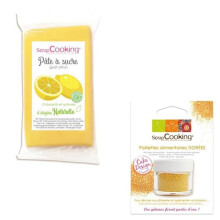 Yellow sugar paste 250 g lemon flavor + golden flakes