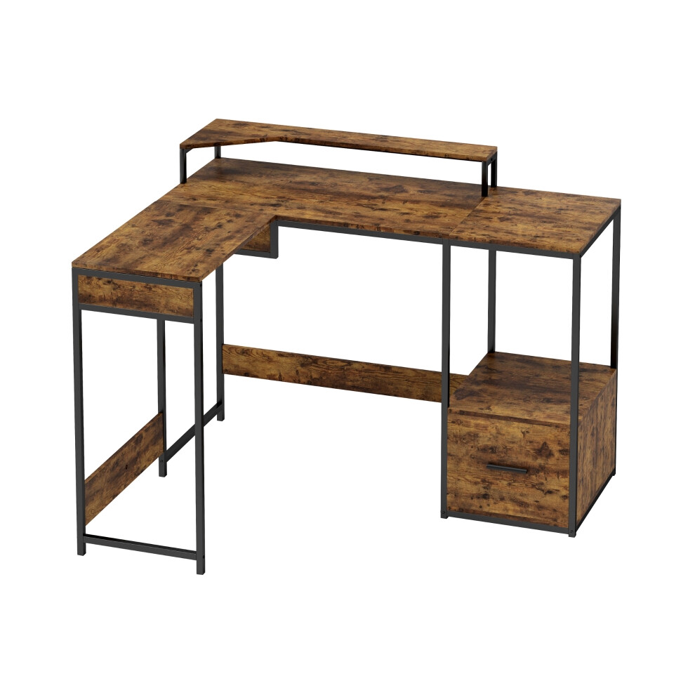 L-Shaped Multi-Work Desk in Brown - Industrial Style Sturdy Metal Frame Large Surface for Home Office and Gaming Use-image-OPC-PKD5TQ7-NEW