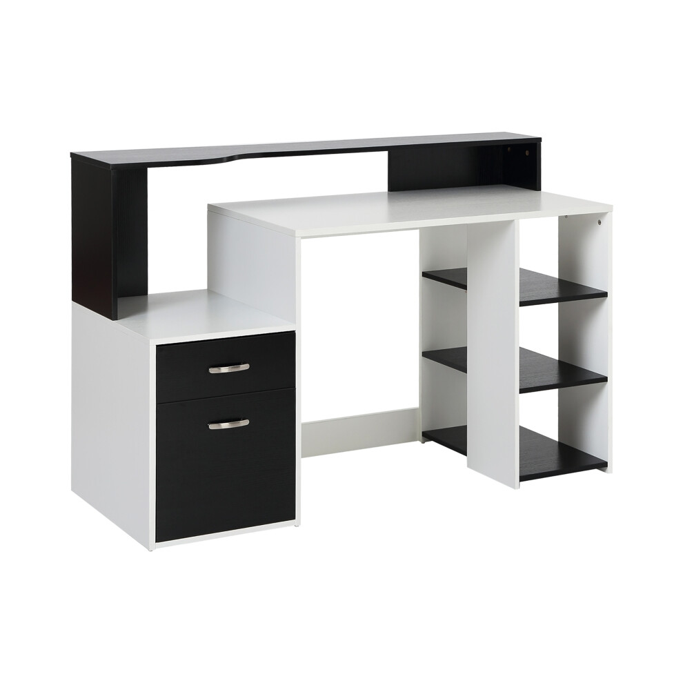 Home Office Desk with Storage Shelves & Drawers Spacious 137x55x92cm Workstation for Study and Play Black & White-image-OPC-PKD5VSB-NEW