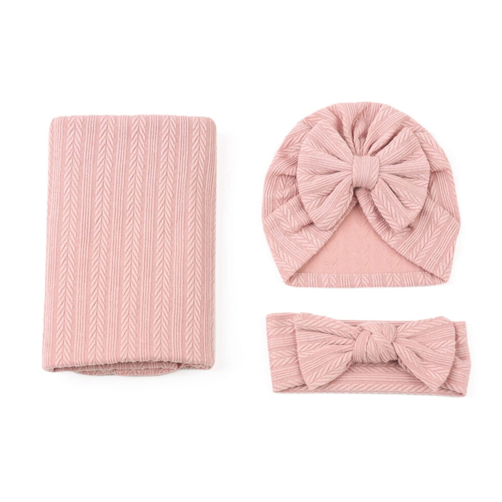 3Pcs Baby Blanket Set With Newborn Hat And Bowknot Headbands, Soft Receiving Blanket For Infants, 100% Cotton, Pink