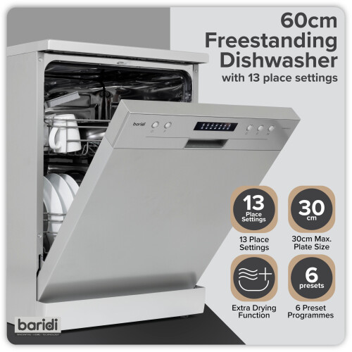 Baridi 60cm Freestanding Dishwasher, 13 Place Settings, 6 Programs, Silver - DH280 2