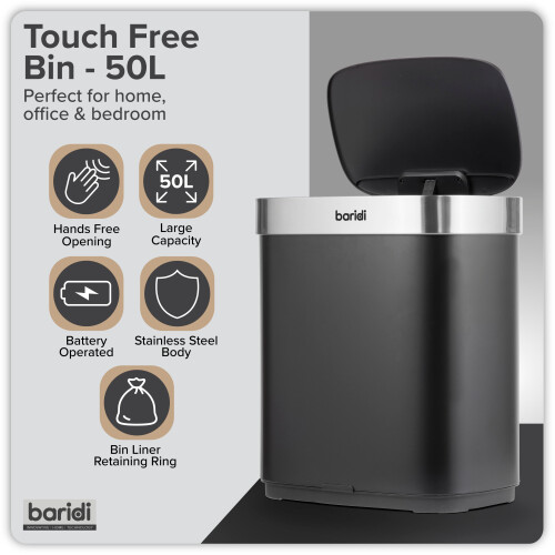 Dellonda Baridi Sensor Bin, 50L Capacity, Black/Stainless Steel – DH281 2