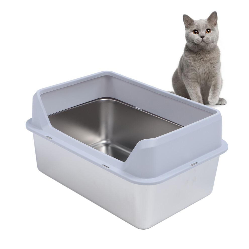 Large Stainless Steel Cat Litter Box, Anti Splash, 50x35x15cm, Light Gray-image-OPC-PKD72WJ-NEW