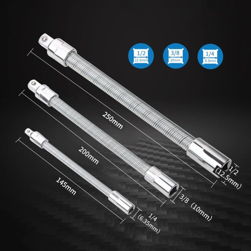 3Pcs Flexible Socket Extension Cables Set 1/4 3/8 1/2 Inch Drive Impact Extender Bar for Light Use 2