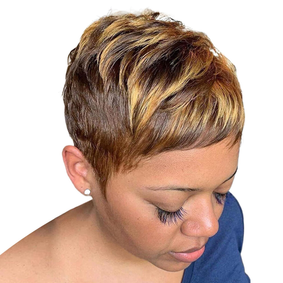 Unisex Black Short Pixie Cut Wigs For Women, 10 Inch Layered Wavy Curly Hair With Bangs And Hairnet, Natural Look