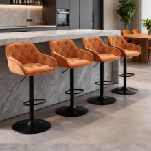 (ORANGE, 4pcs) Velvet Padded Swivel Bar Stools w/Arms & Footrest