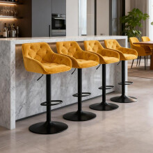 (YELLOW, 4pcs) Velvet Padded Swivel Bar Stools w/Arms & Footrest