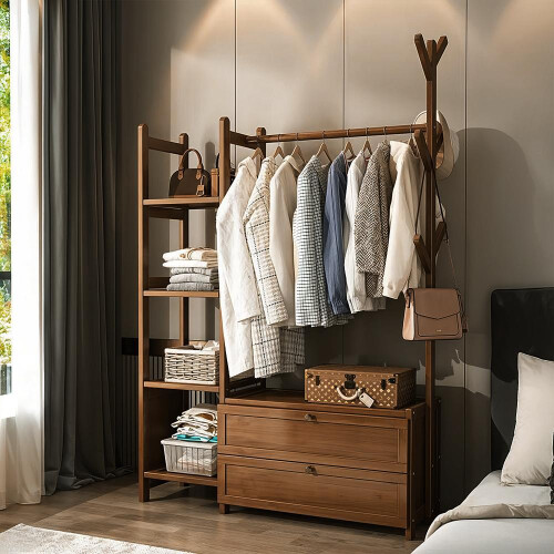 Living And Home 101CM Free Standing Bamboo Chothes Rack with Shelves, Brown 1