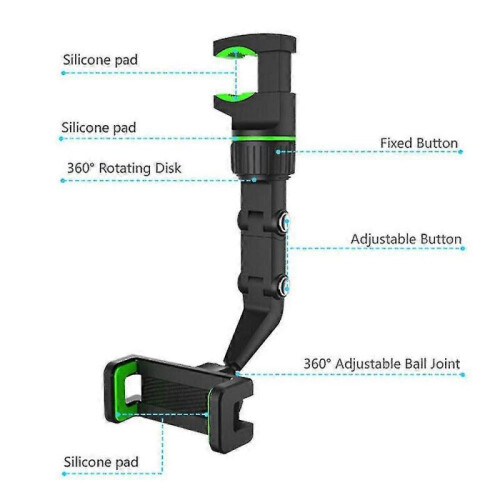 Green 360 Rotation Adjustable Phone Holder Car Rearview Mirror Mount Multifunction 2