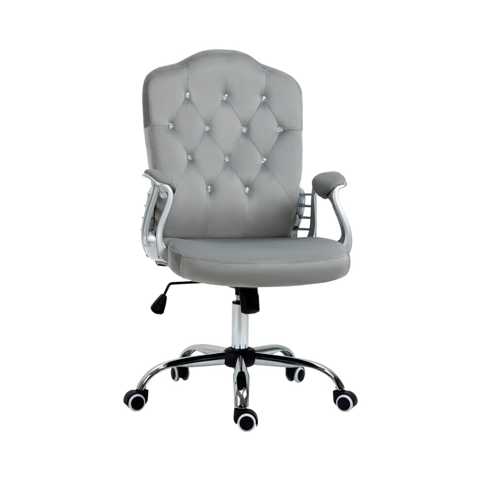 Grey Velvet-Feel Work Chair with Diamante Embellished Back Elegant Ergonomic Office Seating for Workplace or Study-image-OPC-PKD8GQB-NEW