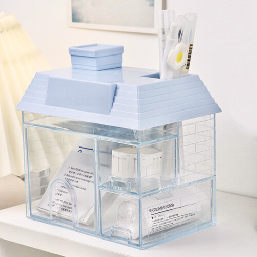 House Shape Desktop Storage Box for Girl Dormitory, Blue, Plastic 2