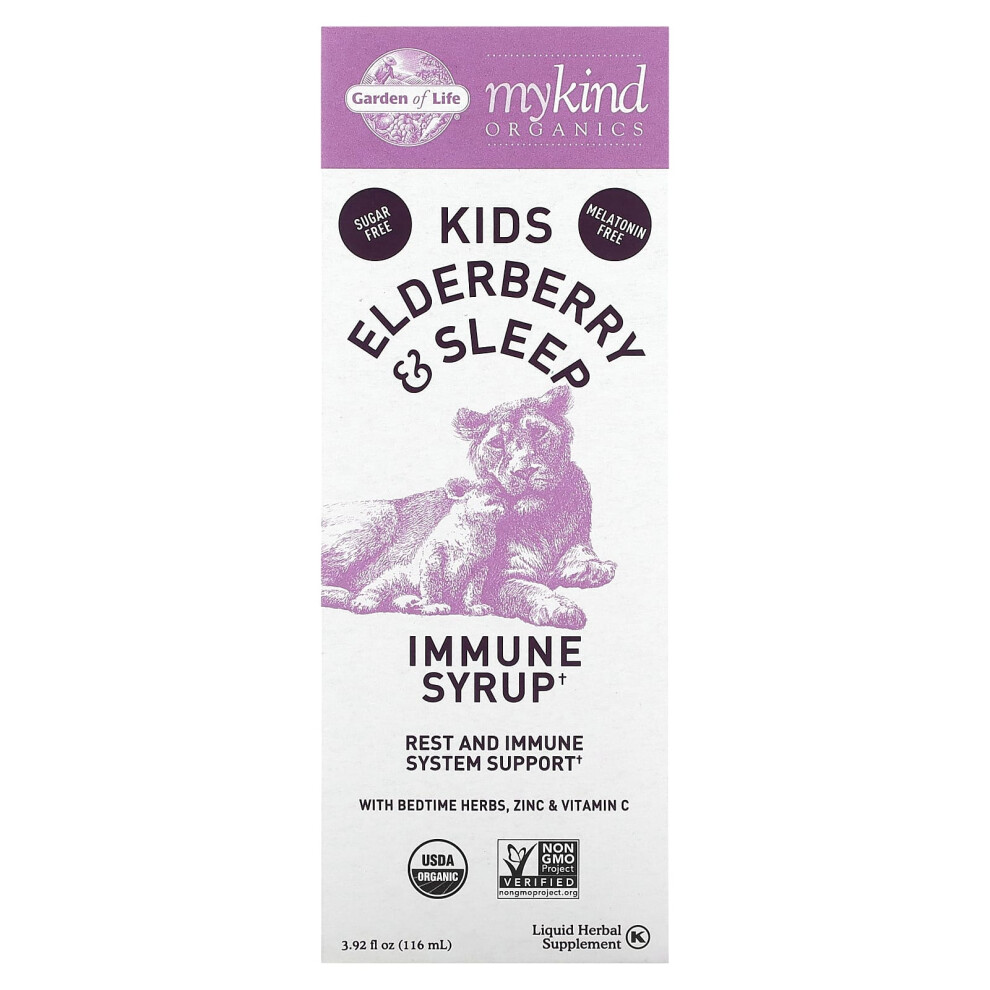 Garden Of Life , Mykind Organics, Kids Elderberry & Sleep, Immune Syrup With Bedtime Herbs, Zinc & Vitamin C, 3.92 Fl Oz (116 Ml)