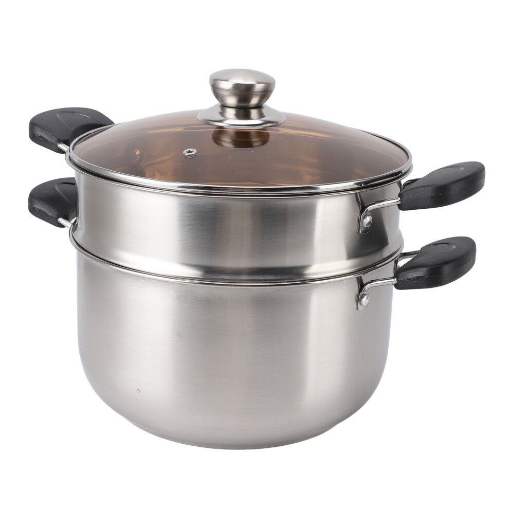 Double Layer Stainless Steel Stock Pot with Glass Lid & Steam Basket, 26cm