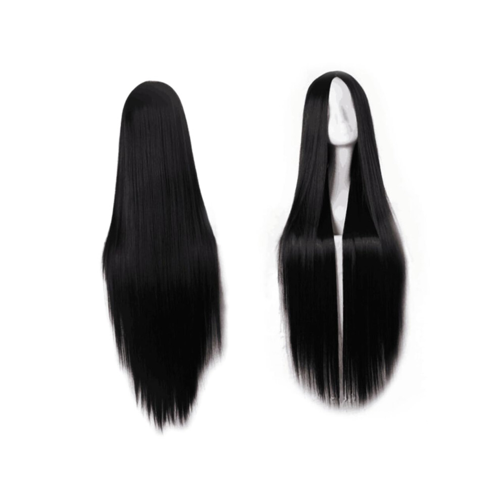 Unisex Black Straight Synthetic Wig 70Cm Middle-Parted Hair For Women, Cosplay And Daily Wear, Realistic Hair Accessory