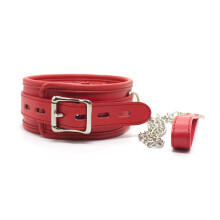 Sex Bondage Collar Leather Iron Chain Link with Sponge Filling Adjustable Red Collar for Couples Adults