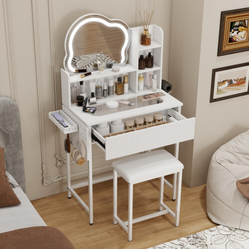 ELECWISH LED Lighted Dressing Table Set with Side Storage Hair Dryer Rack White 1