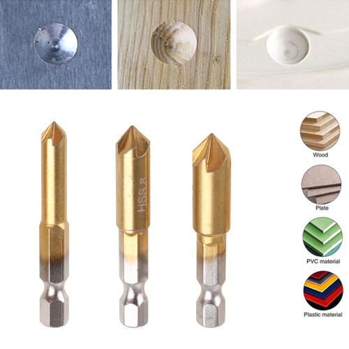 Countersink Drill Bit Set 3 Pcs 1/4'' Hex Shank HSS 5 Flute 1