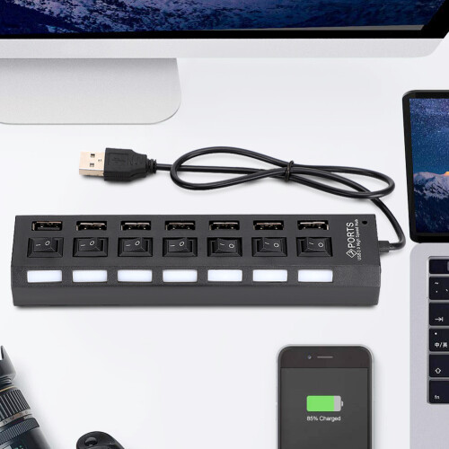 7-Port Hub USB Docking Station Black 480mbps with 1