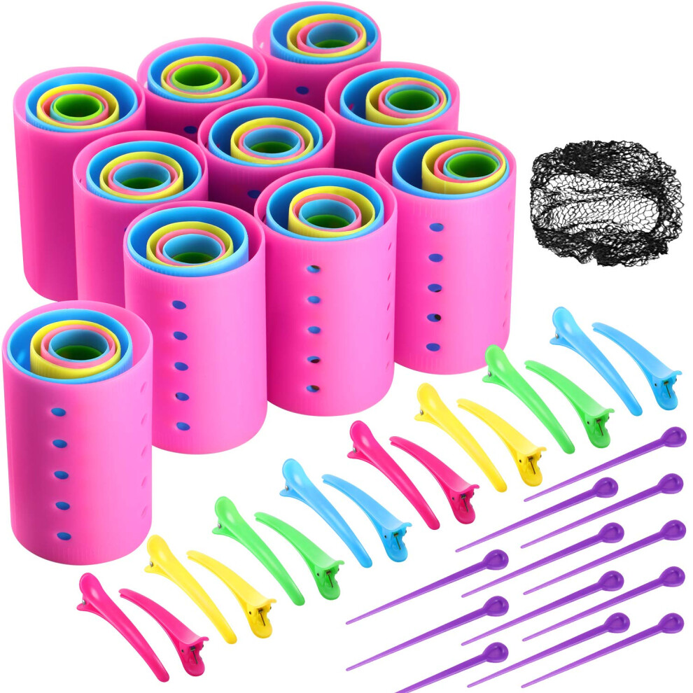 141 Pieces Hair Rollers Set with 60 Plastic Rollers for Medium Long Short Hair, 60 Pins, 20 Duck Clips, Hairnet, Random Color, 6 Sizes