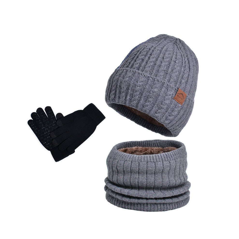 ( Three) Warm Winter Knitted Hat Gloves And Scarf Set For Outdoor Winter Activities Dark/Gray