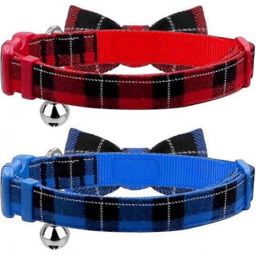 2 Pack Plaid Pattern Cat Collar Breakaway with Bell And Removable Bowtie Cat Collar Adjustable Cat And Kitten Collars 1