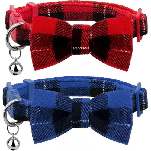 2 Pack Plaid Pattern Cat Collar Breakaway with Bell And Removable Bowtie Cat Collar Adjustable Cat And Kitten Collars