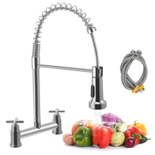2 Hole Bridge Kitchen Mixer Tap, Dual Lever Sink Faucet with 360° Swivel Brass Spout & 2 Spray Modes
