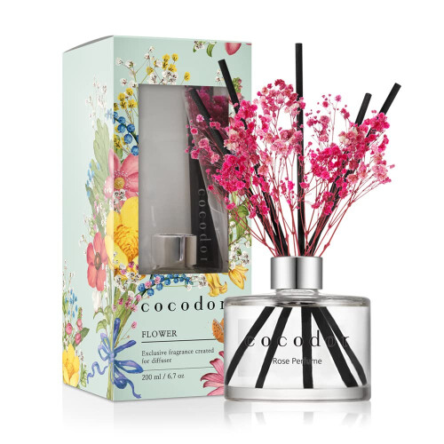 cOcODOR Preserved Real Flower Reed DiffuserRose Perfume 67oz(200ml) 1 PackReed Diffuser Set, Oil Diffuser & Reed Diffuser Sticks, Home Decor & Office
