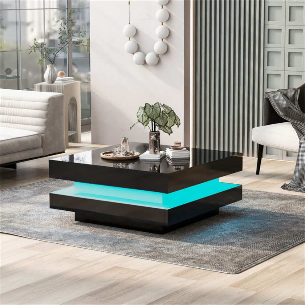 Abrihome ( ) Square High Gloss Coffee Table With Led Light Black