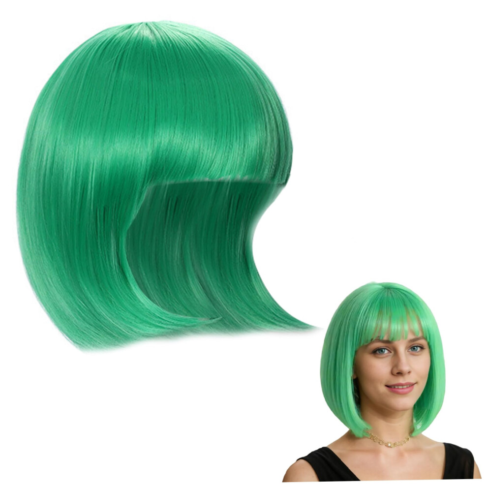 Unisex Green Short Wigs 11.8 Inch Natural Looking Bob Wig With Bangs High Temperature Silk Hair Synthetic Bob Haircut