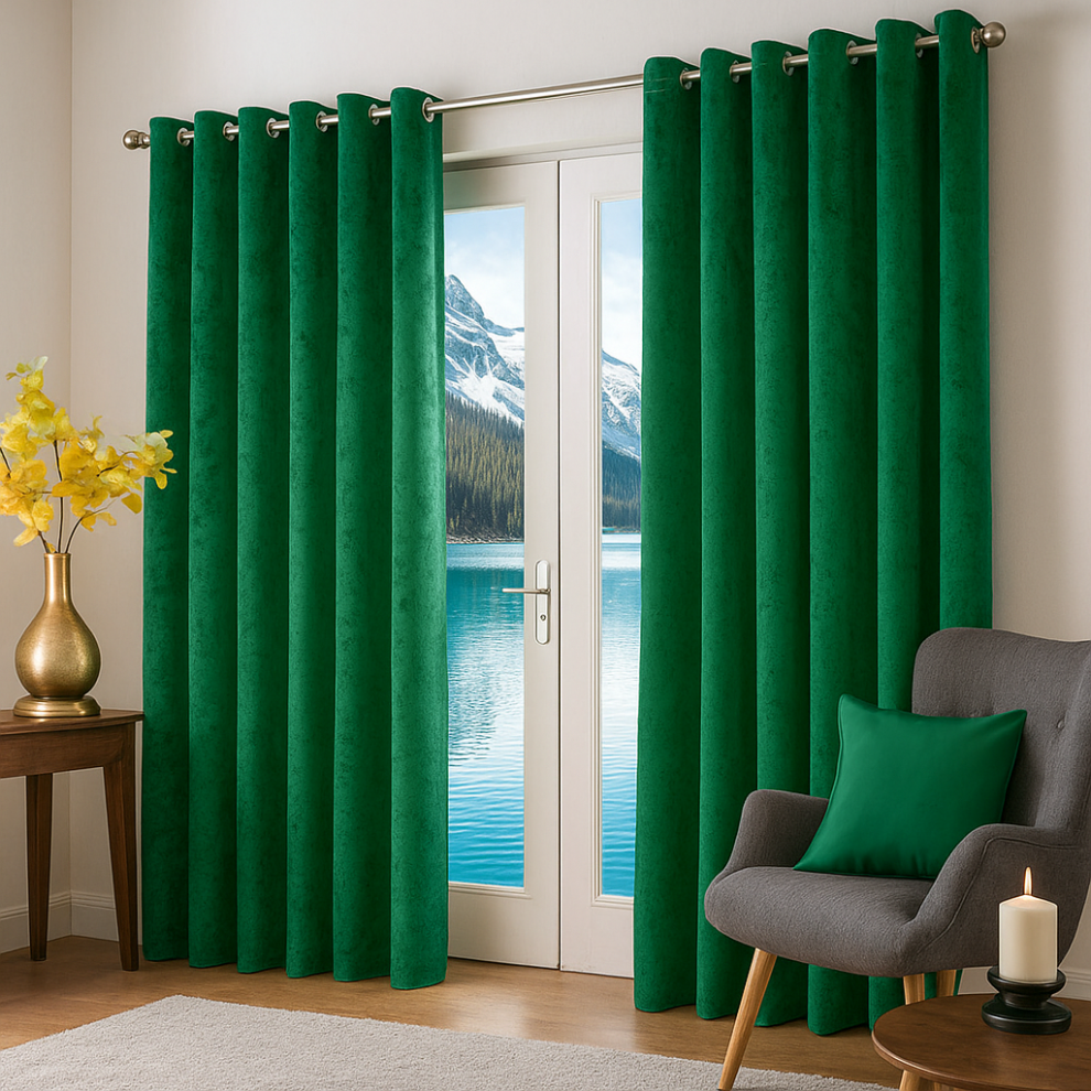 (Green, 66" x 90") Thermal Insulated Curtains Ringtop Eyelet Velvet Crushed Curtain Pair with 2 Tiebacks-image-OPC-PBCDVC6-NEW