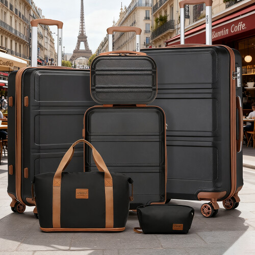 (Black and Brown) 6-Piece Travel Luggage Set ABS Hard Shell Suitcase