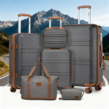 (Grey and Brown) 6-Piece Travel Luggage Set ABS Hard Shell Suitcase