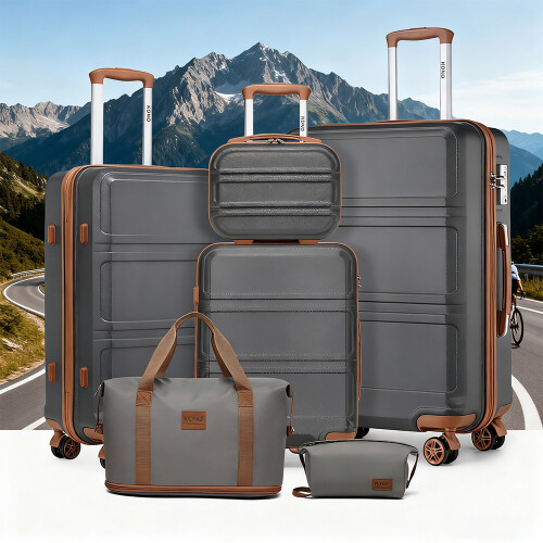 (Grey and Brown) 6-Piece Travel Luggage Set ABS Hard Shell Suitcase