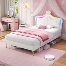 (Cream White, PU Leather Bed Frame) 3ft Single Upholstered Bed with LED Headboard