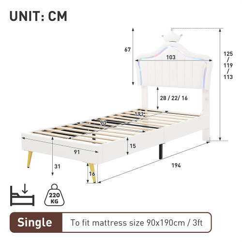 (Cream White, PU Leather Bed Frame) 3ft Single Upholstered Bed with LED Headboard 2
