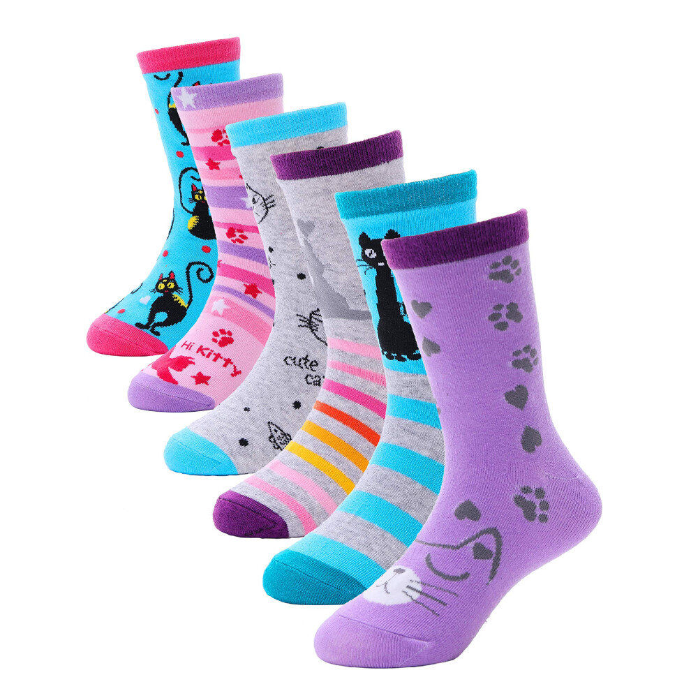 Girls Fashion Cotton Crew Cute Cat Shorty Socks 6 Pack (Cat  9-14 Year-image-OPC-PFKN7WD-NEW