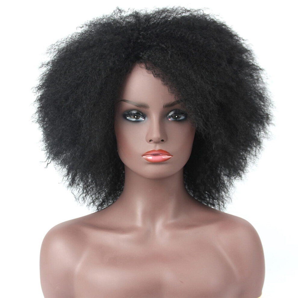 Unisex Black Short Fluffy Afro Kinky Wig Synthetic Hair Yaki Straight Wigs 20 Cm 8 Inch For Women Natural Look #1B Color