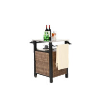 Carro de bar con una puerta, adaptado para cocinas al aire libre, con tabla de extensión y ruedas de acero inoxidable, color marrón.