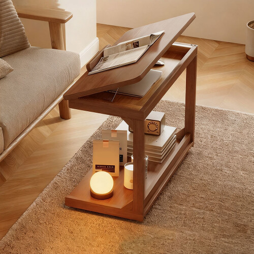 Living And Home C-Shaped Side Table with Wheels and Hidden Storage
