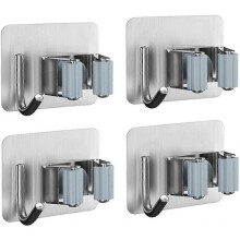 4 Pack Wall Mounted Broom Holder, Stainless Steel Self-Adhesive Mop Holder with Hooks Multi-Function